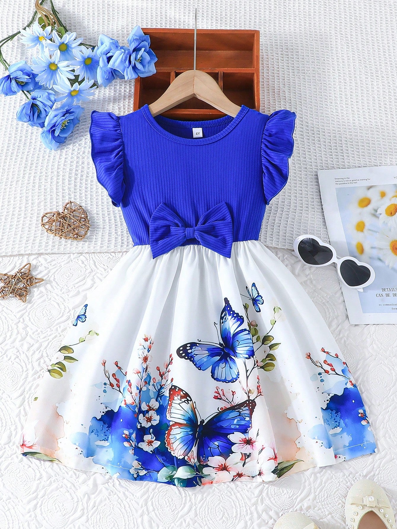 Young Girl Summer Casual Dress With Ruffled Sleeves, Bow And Rose Print