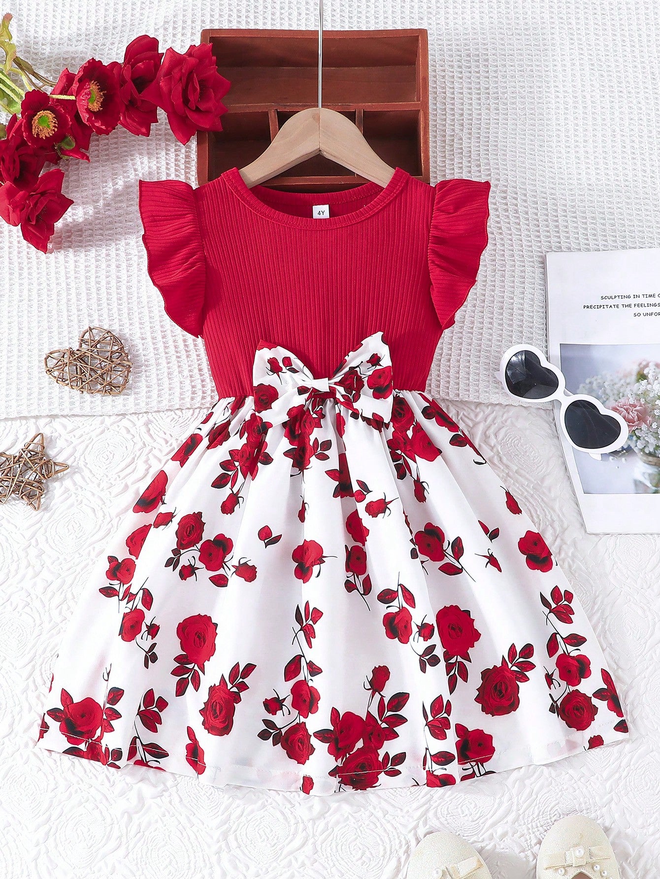 Young Girl Summer Casual Dress With Ruffled Sleeves, Bow And Rose Print