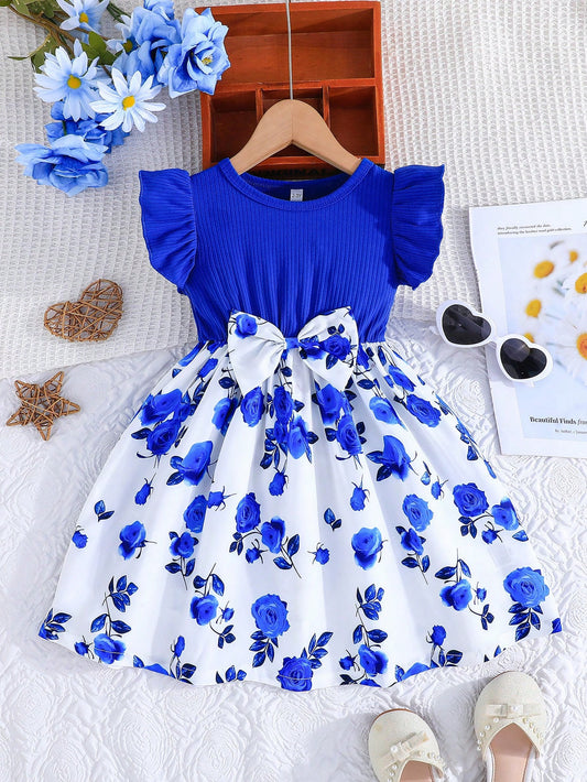 Young Girl Summer Casual Dress With Ruffled Sleeves, Bow And Rose Print