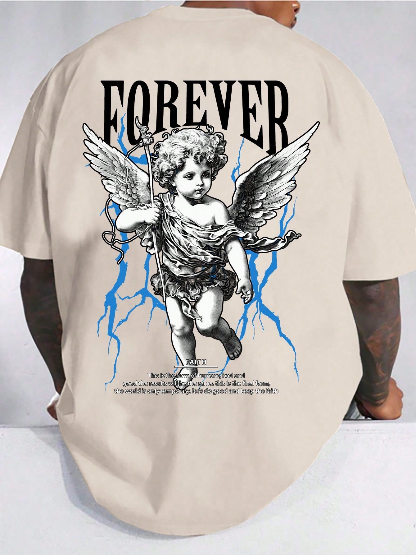 Men's Plus Size Summer Casual Short Sleeve T-Shirt With Angel Print And Slogan, Round Neck