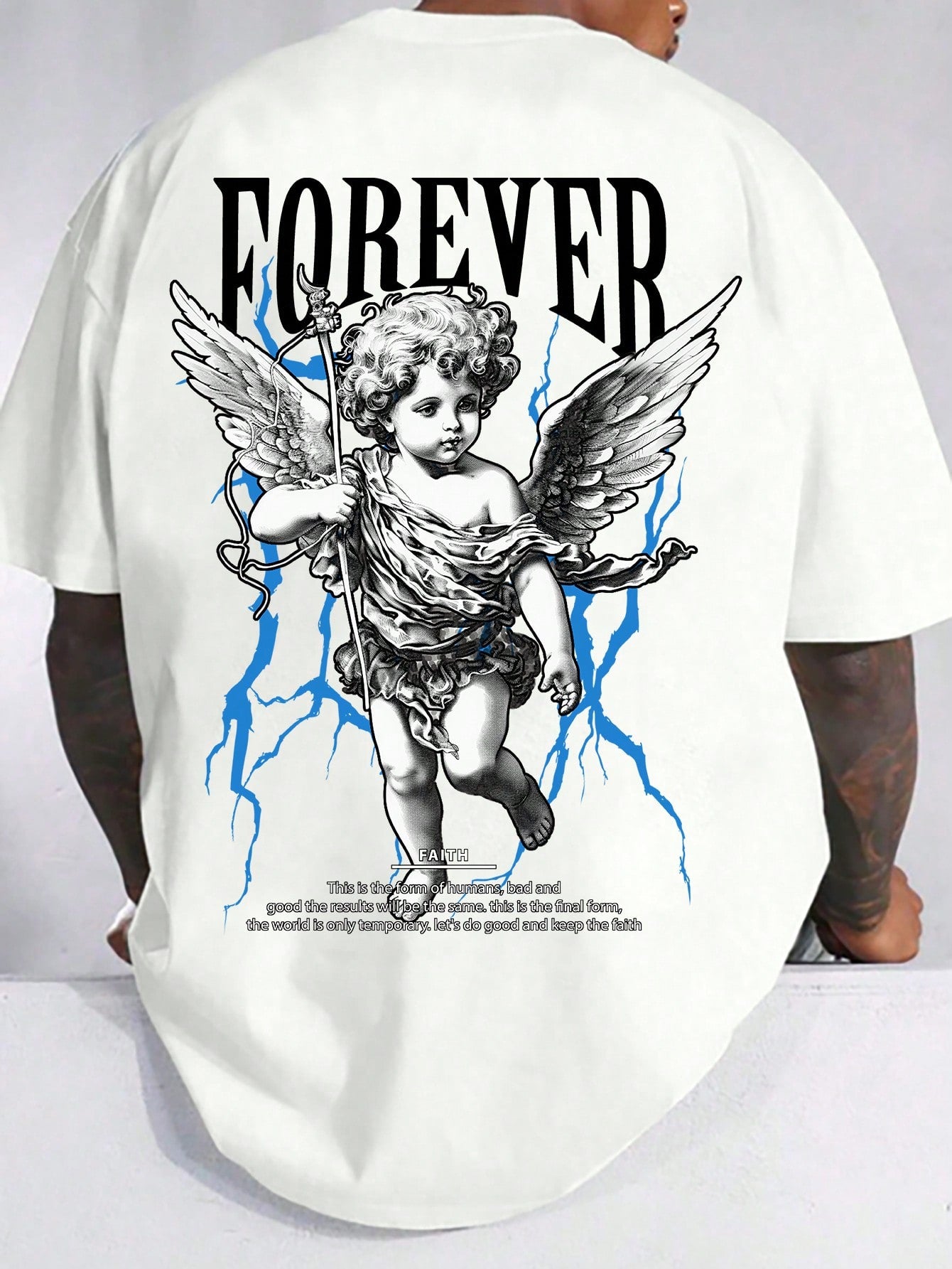 Men's Plus Size Summer Casual Short Sleeve T-Shirt With Angel Print And Slogan, Round Neck