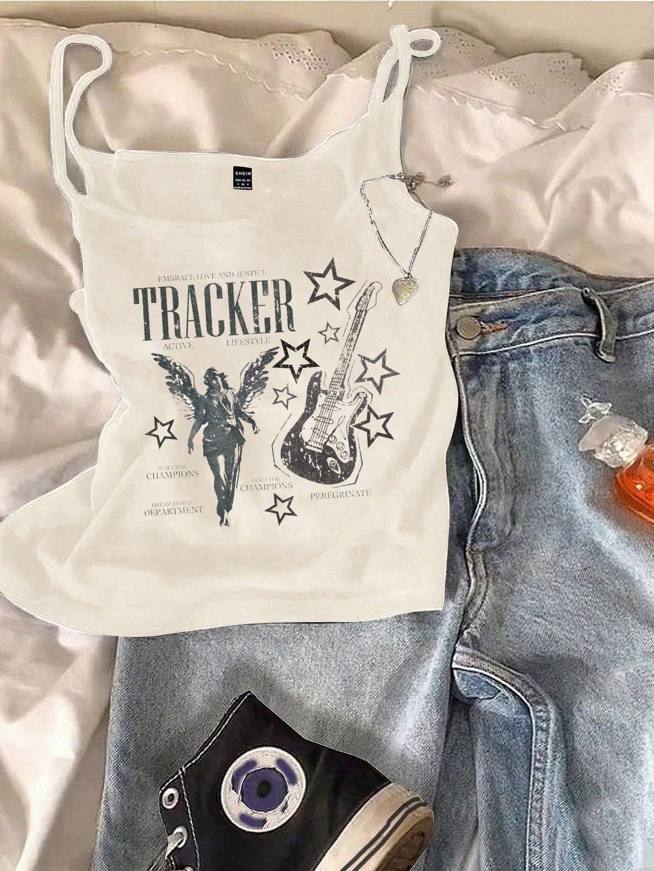 Casual Minimalist Guitar Angel Print Cami Tank Top For Women, Suitable For Summer Music Festivals