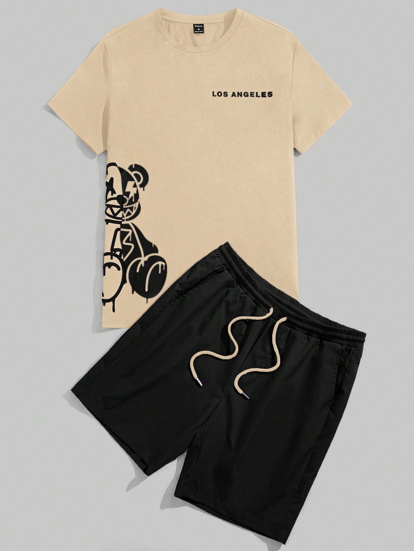 Men Bear & Letter Graphic Tee & Drawstring Waist Shorts