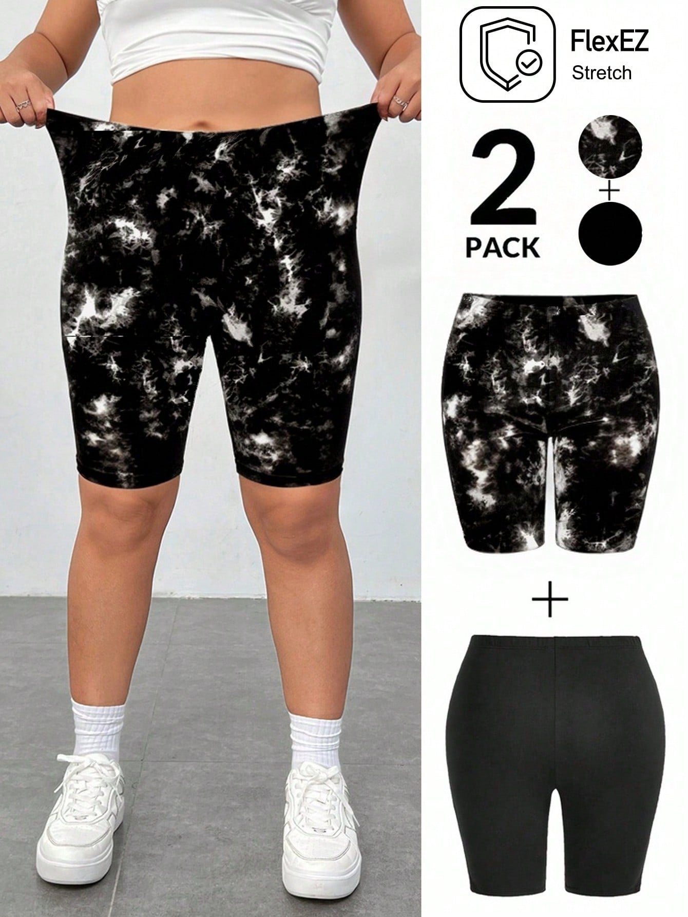 Women's Plus Size 2pcs Set: Black Knitted High-Waisted Compression Shorts And Cycling Shorts, Made With Ice Silk Cool Fabric, Perfect For Everyday Wear, Outdoor Sports, And Casual Activities Without Restriction.