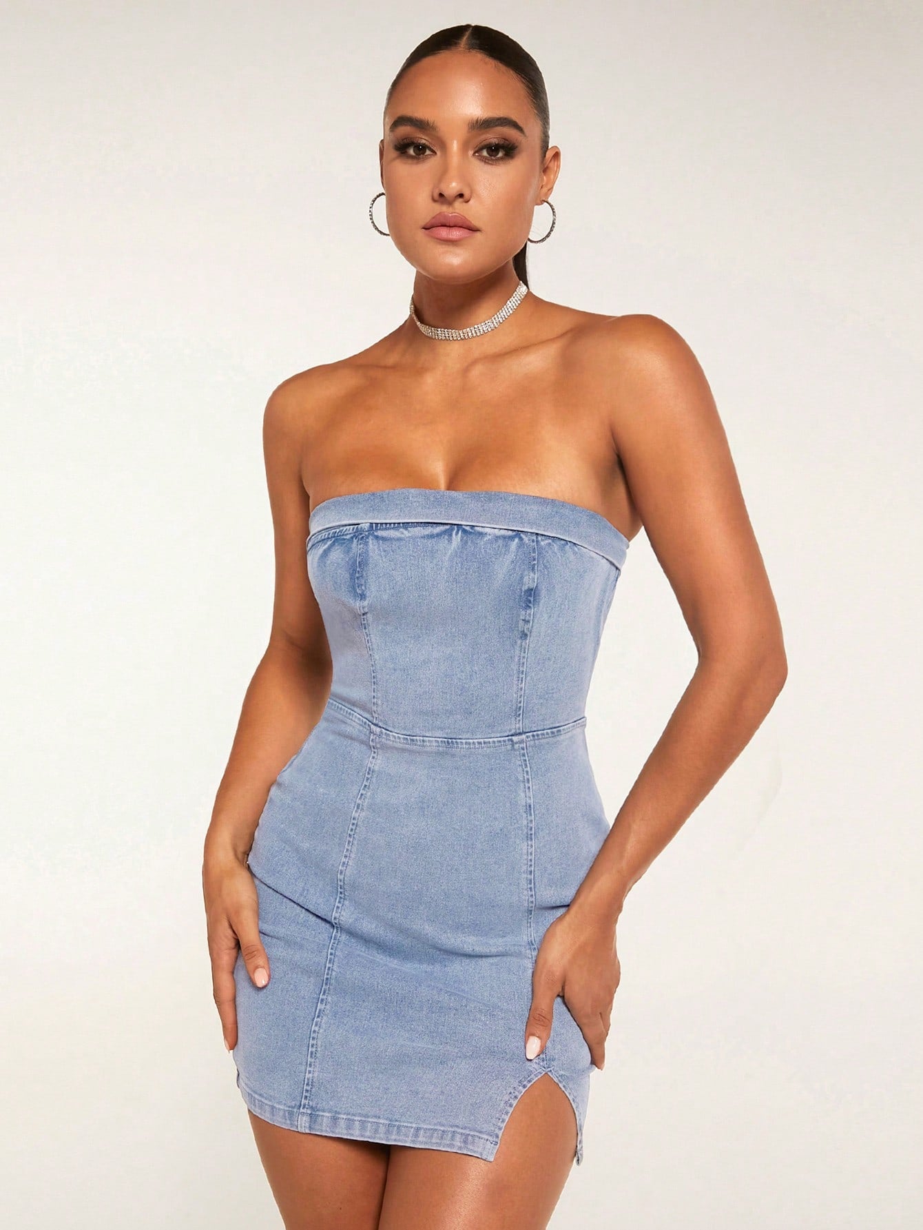 Strapless Mini Dress Denim Blue&Women Denim Dress&Women Dresses&Jeans Dress