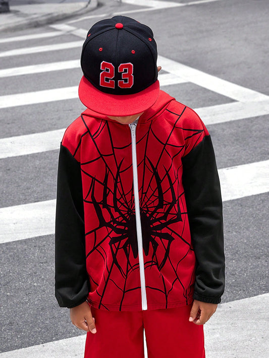 Tween Boys' Casual Spider Printed Color Block Long Sleeve Hooded Zipper Knit Jacket, Mid-Weight, Suitable For Everyday Wear, Vacation Or Sports, For Spring, Summer, Autumn And Winter Seasons