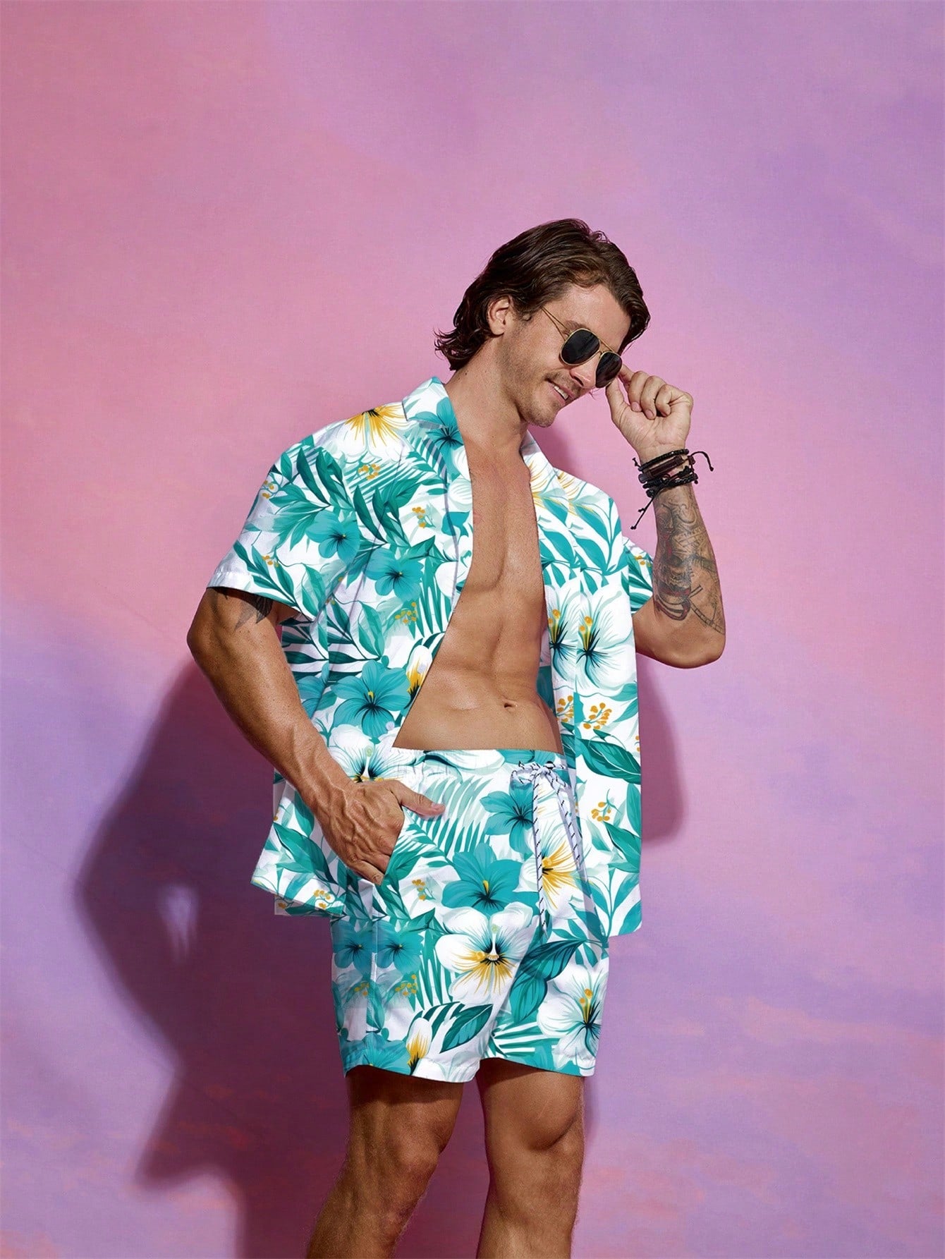 Men's Tropical Plant Print Polo Collar Short Sleeve Shirt And Shorts Beach Vacation Outfit