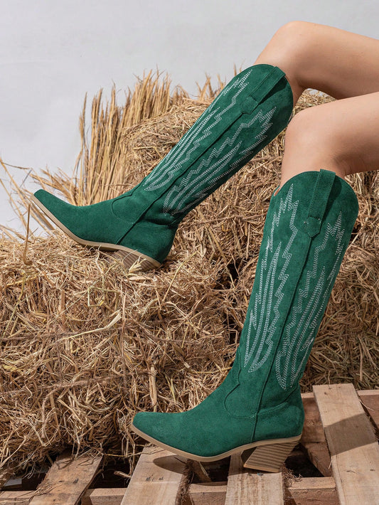 Women Mid-Heel Chunky-Heel Pull-On Embroidered Western Boots, Green Knee-High Casual Boots