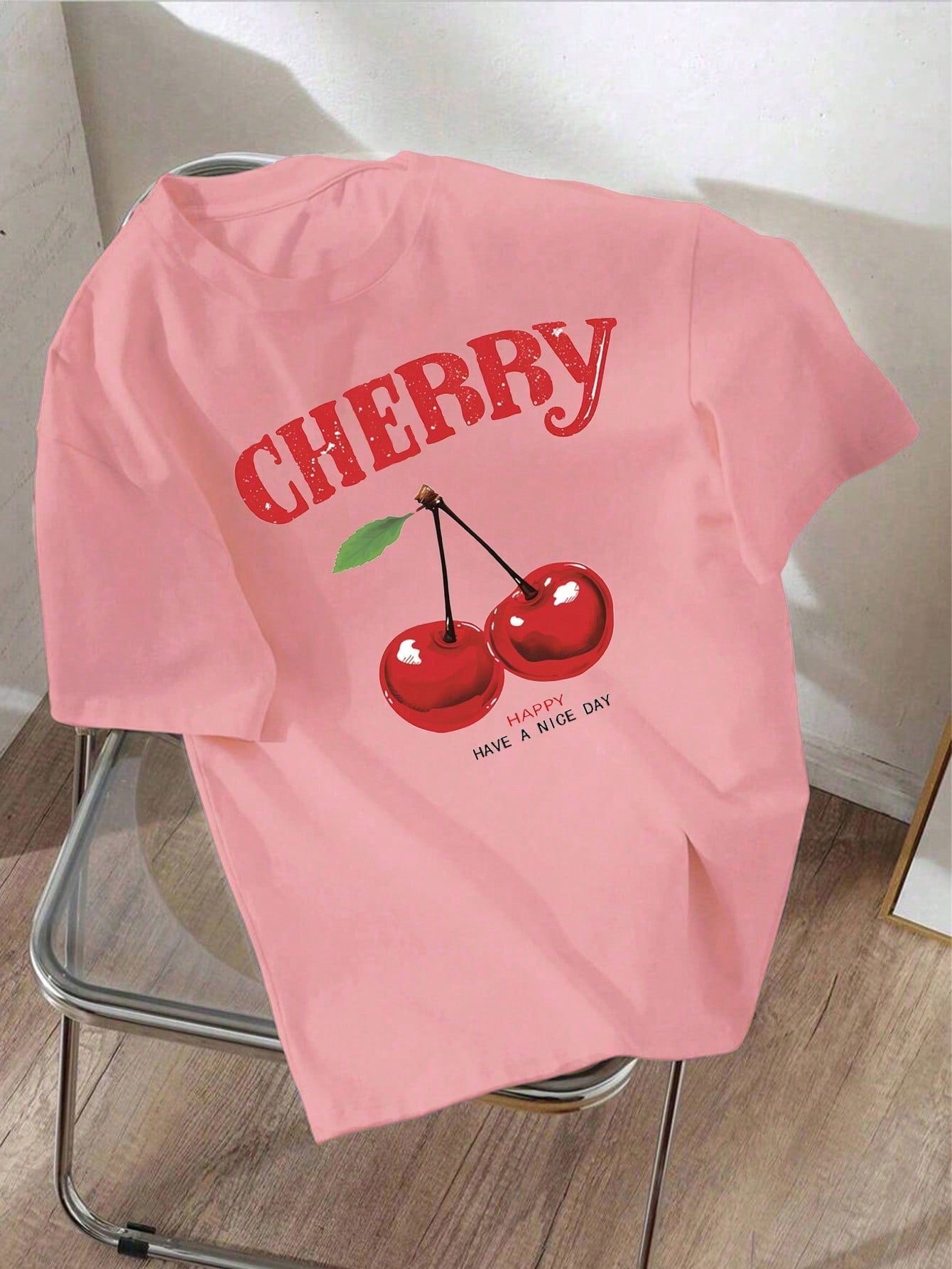 Oversized Cherry Print White Round Neck Short Sleeve T-Shirt, Casual And Simple, Super Loose Fit, Summer Women's Shirt