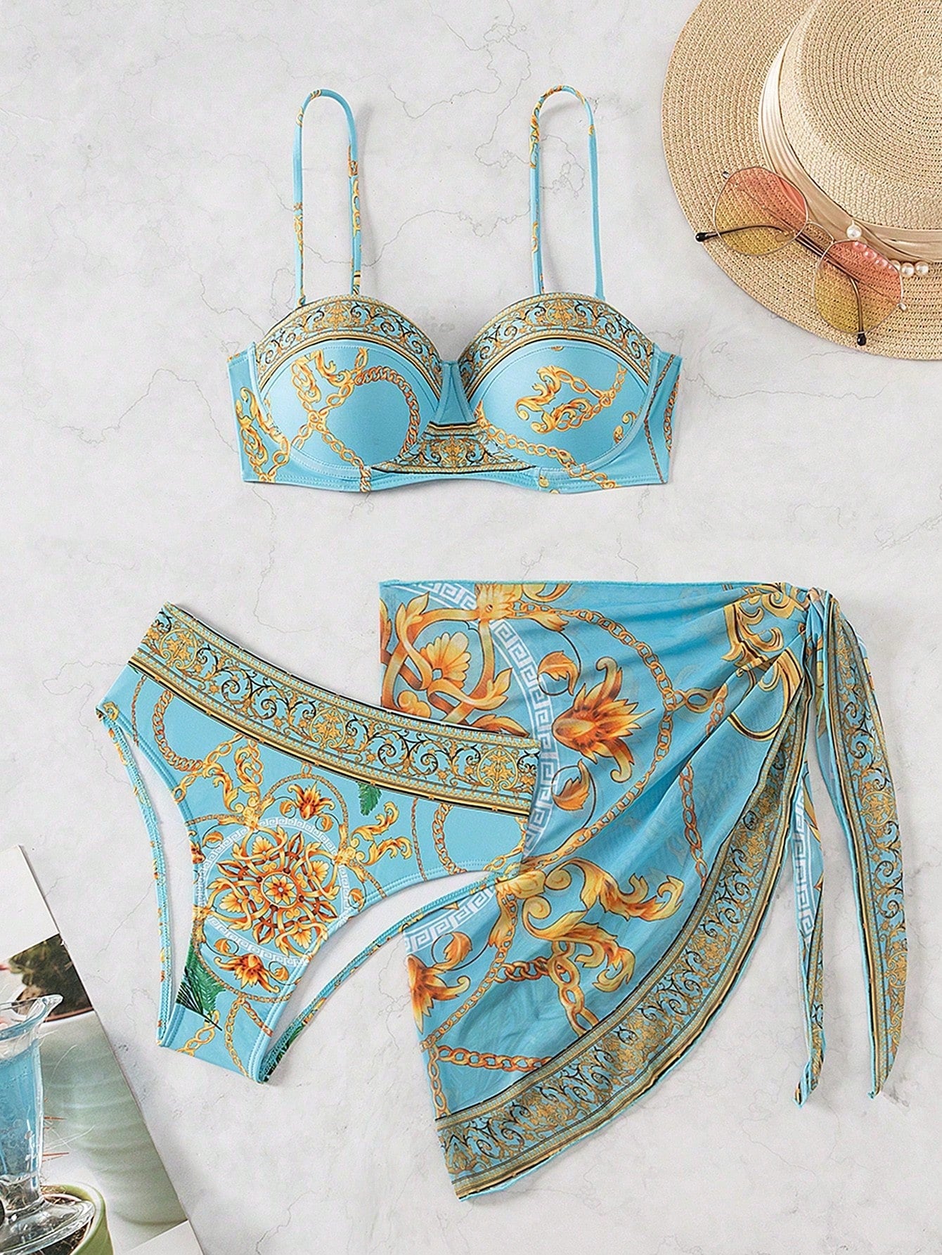 Swim Women Summer Beach Chain Print Bikini Set And Wrap Cover Up Skirt For Holiday