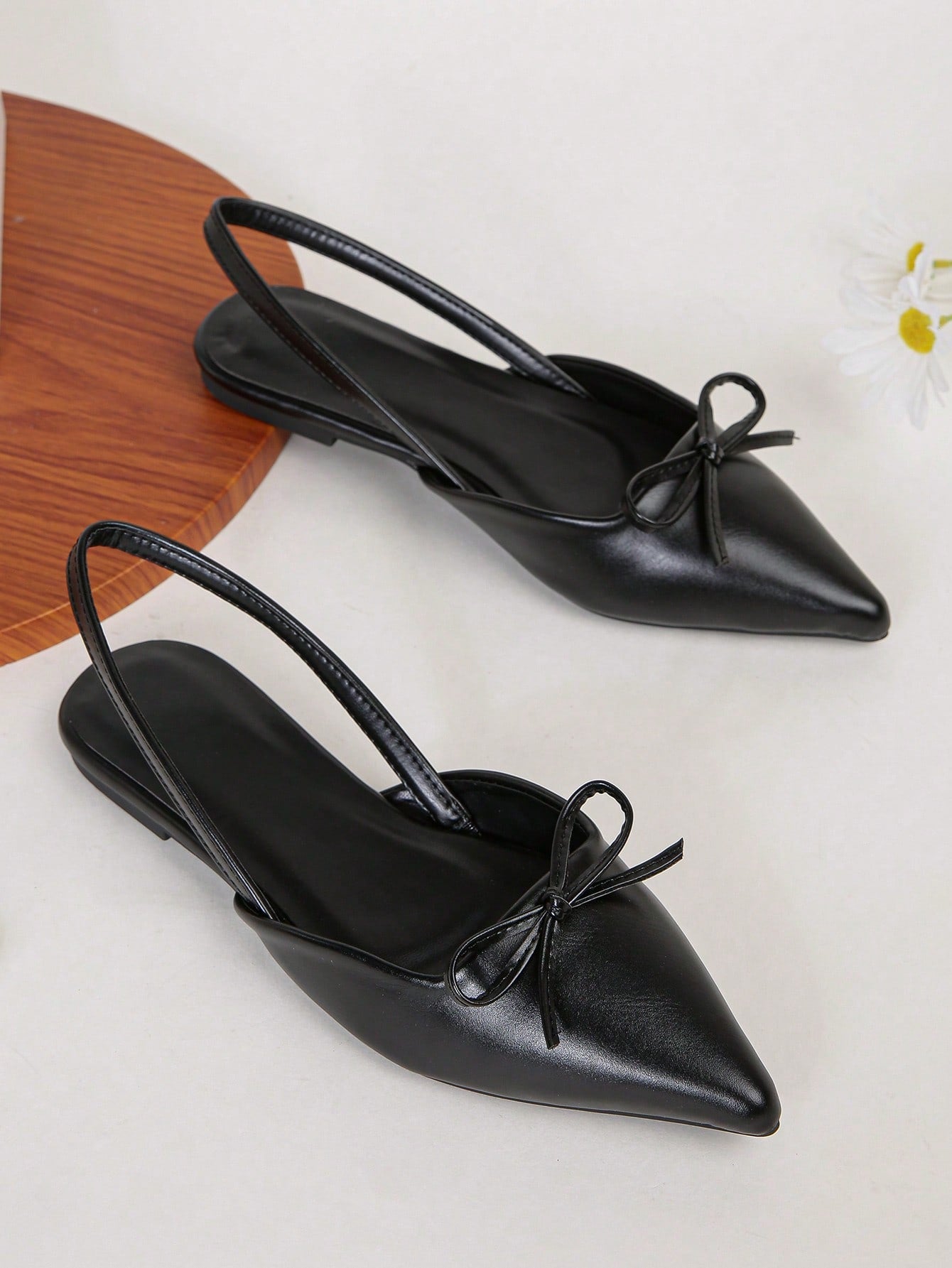 Women Bow Decor Slingbacks, Lycra Point Toe Elegant Flats Black