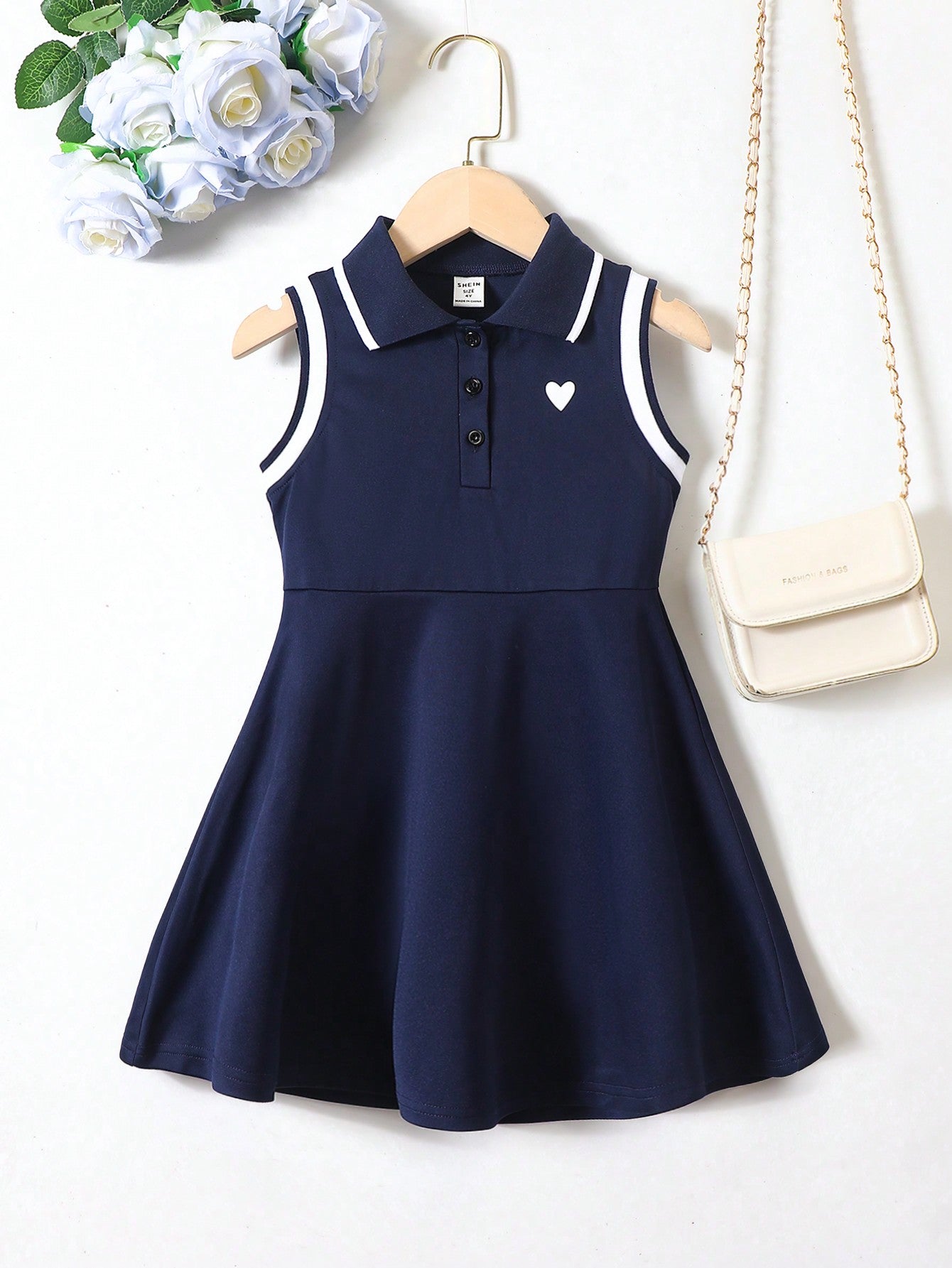 Kids Young Girl Preppy-Style Heart-Shaped Printed Striped Polo Collar Sleeveless Dress, Summer