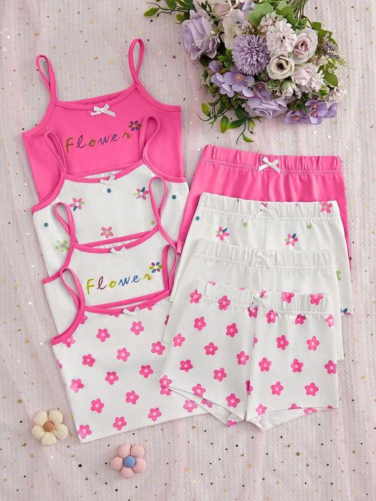 Young Girl Flower Printed 8-Piece Set Of Camisoles And Shorts, Underwear