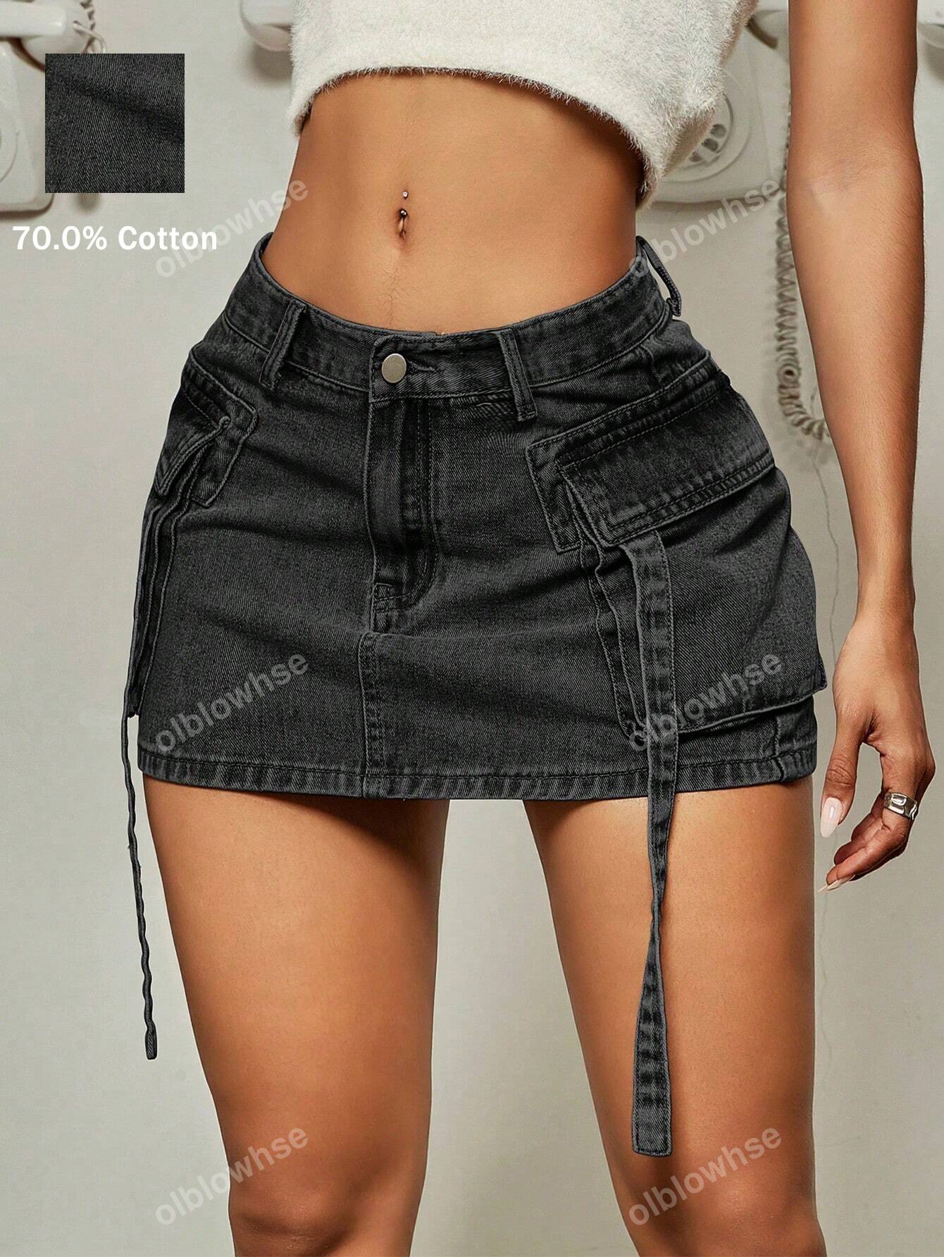 Y2K Street Solid Flap Pocket Tape Detail Cargo Denim Mini Skirt Summer Hottie Outfit