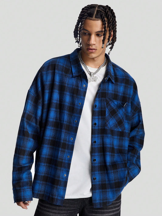 Men's Plaid Loose Long Sleeve Woven Shirt Jacket