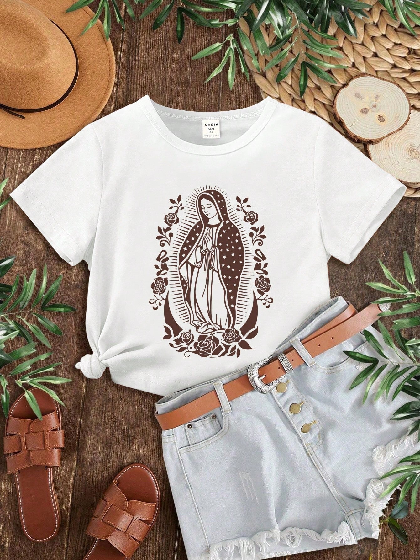 Tween Girl Casual Virgin Mary Pattern Printed Short Sleeve T-Shirt, Family Matching Outfits Mommy And Me (4pcs Sold Separately)