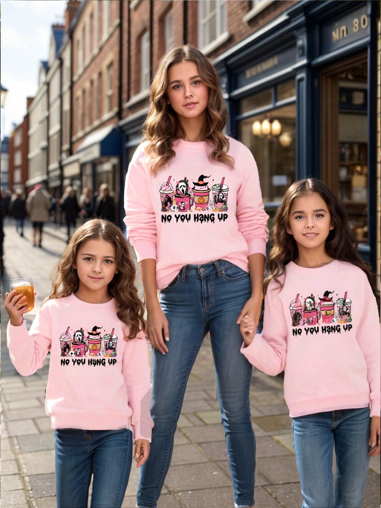 Halloween Girls' Casual Ghost Scream Coffee Letter Printed Fleece Round Neck Sweatshirt, Autumn/Winter; Halloween Party; Family Matching Outfits Mommy And Me (3 Pieces Sold Separately)