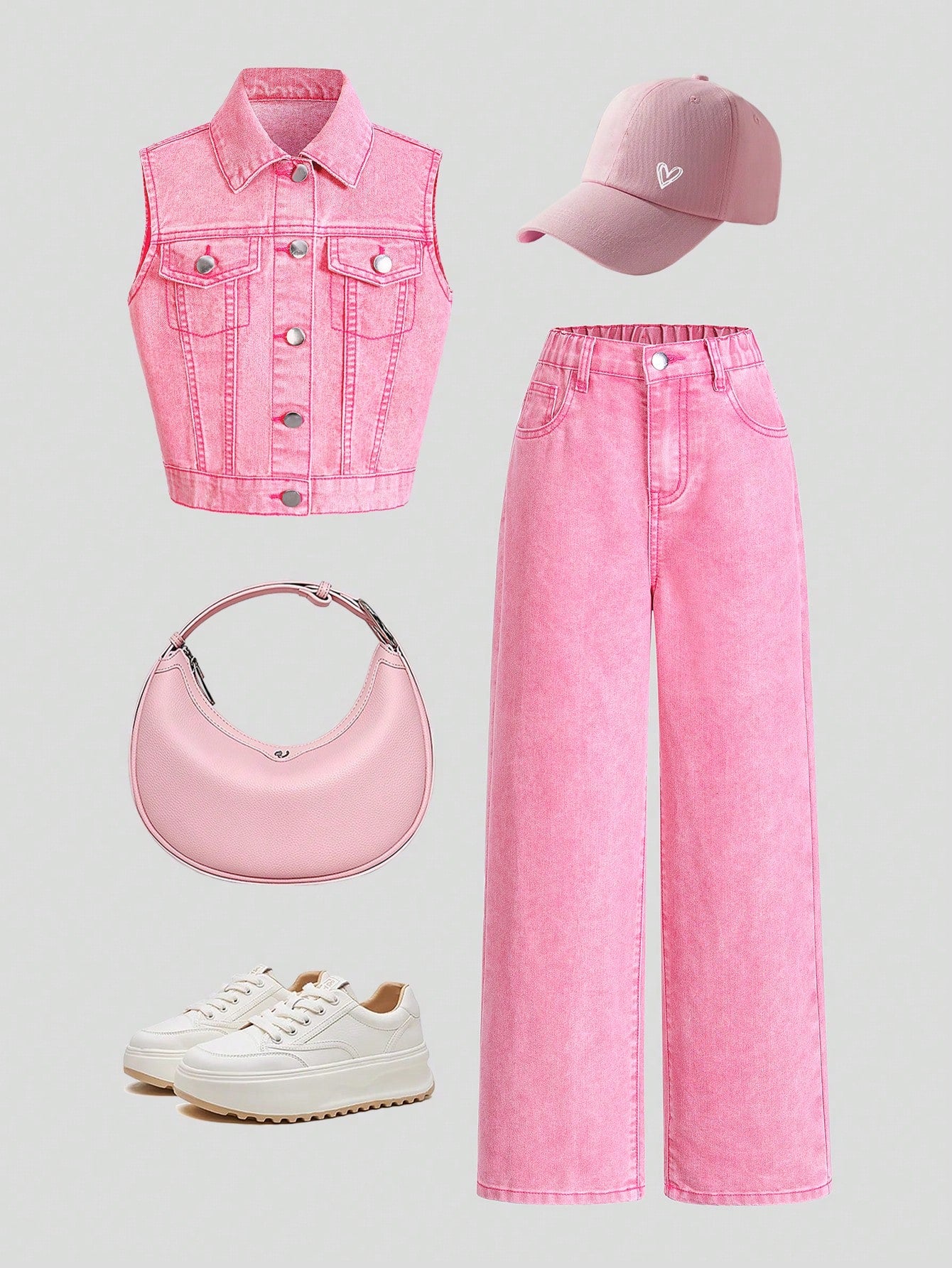 Teen Girls' Summer Fashionable Street Style Cool Girl Pink Denim Outfit