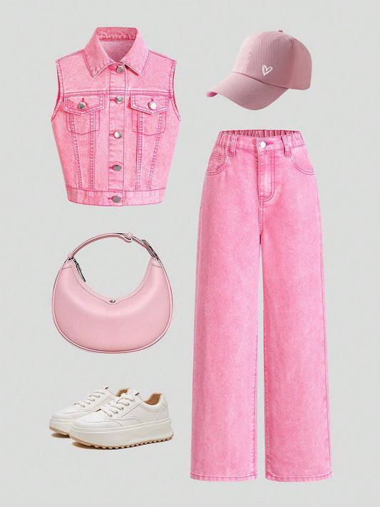 Teen Girls' Summer Fashionable Street Style Cool Girl Pink Denim Outfit