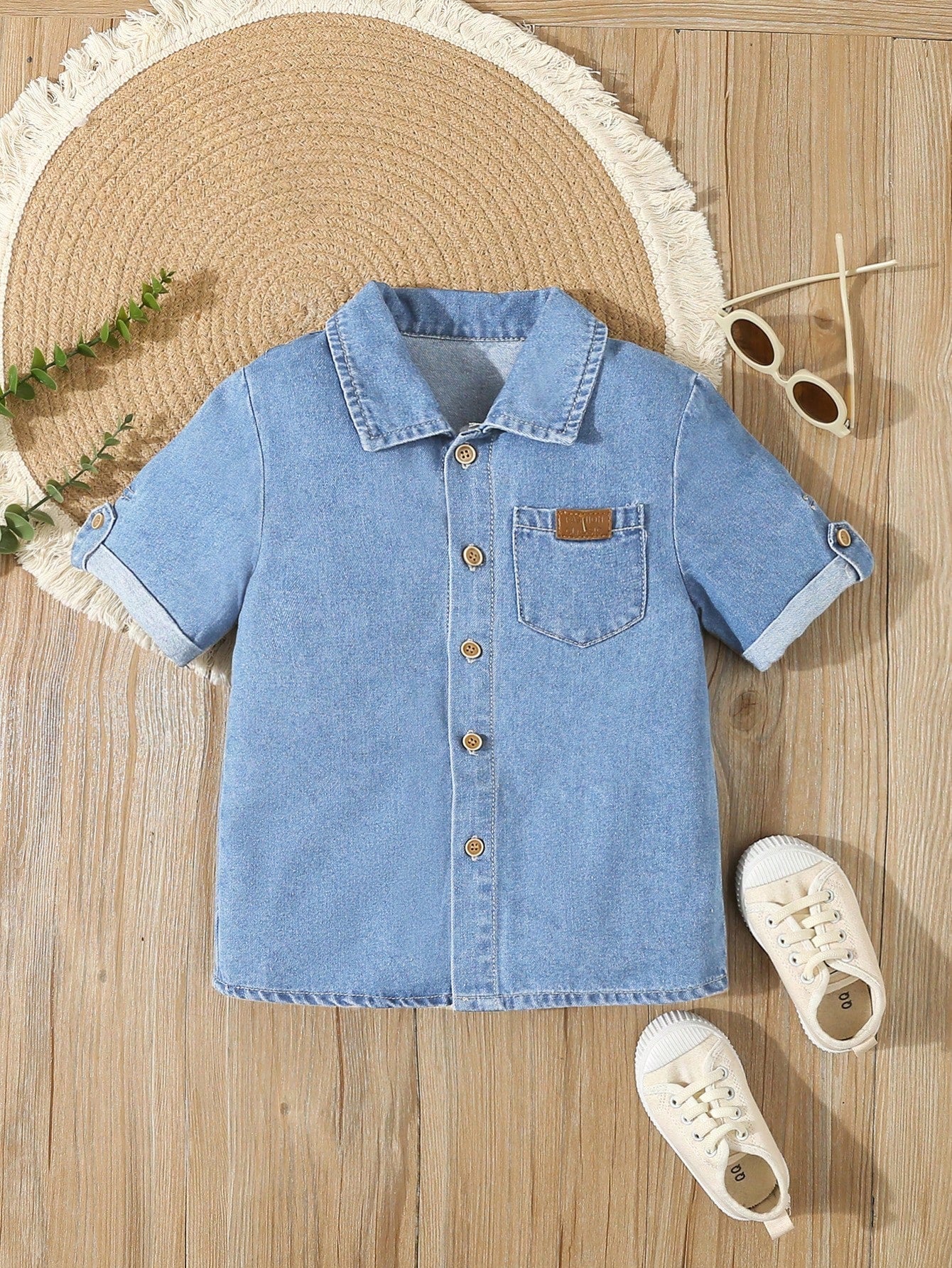 Young Boy Casual Simple Graphic Embellished Short Sleeve Denim Top