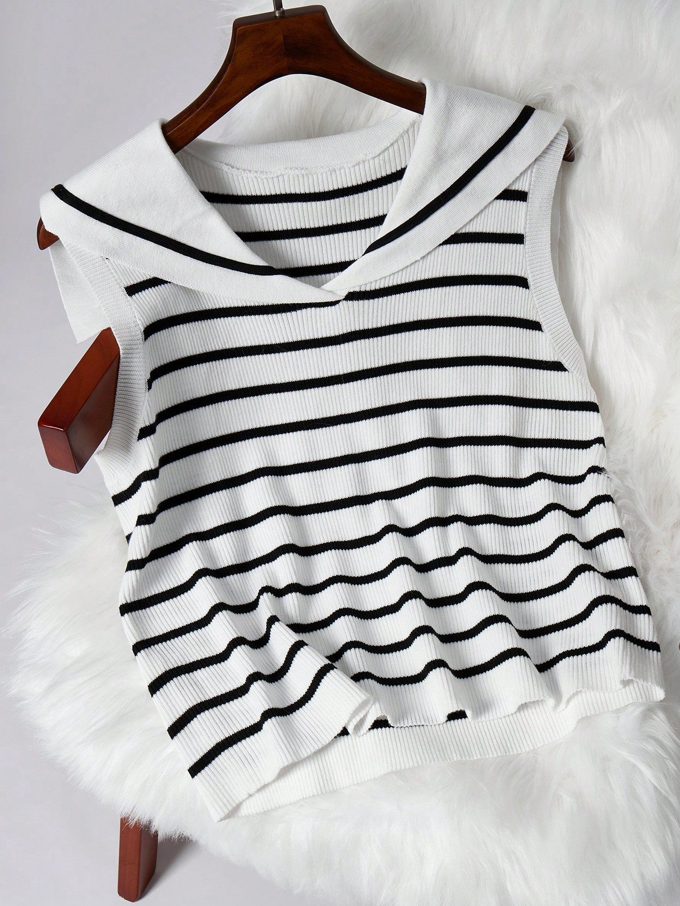 Plus Size Women Navy Collar Thickened Black And White Striped Asymmetrical Sweater Vest, Fall Tops, Babydoll Tops, Cute Tops For School