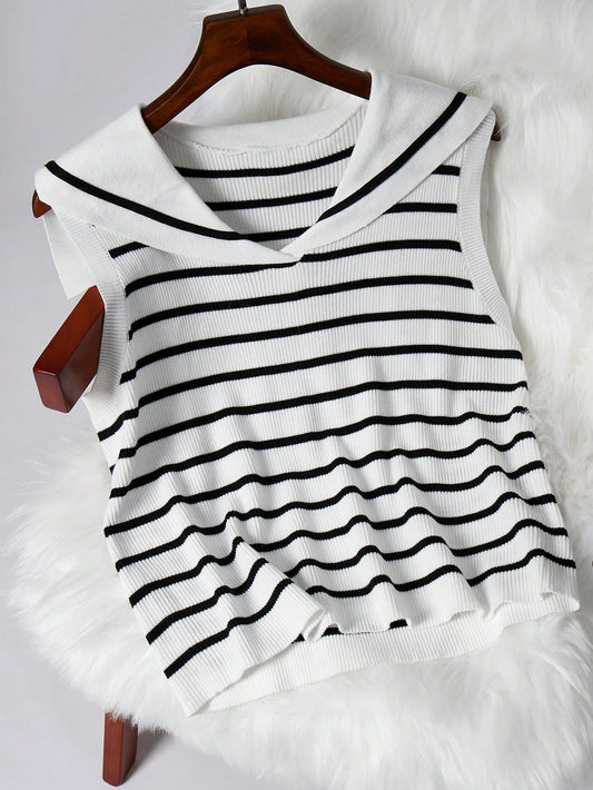 Plus Size Women Navy Collar Thickened Black And White Striped Asymmetrical Sweater Vest, Fall Tops, Babydoll Tops, Cute Tops For School