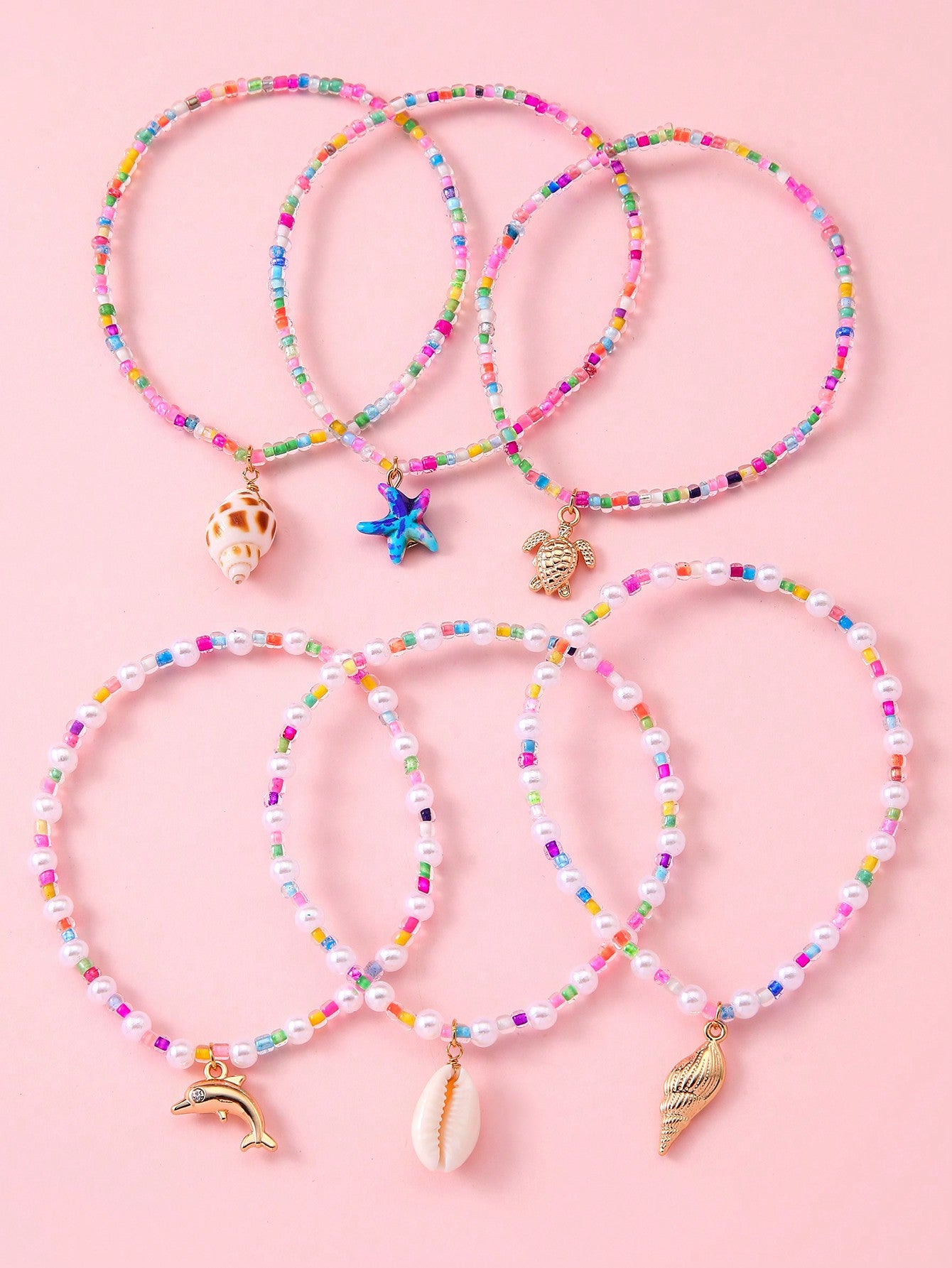 6pcs/Set Girls' Summer Beach Style Sea Creature Pendant Beaded Anklets