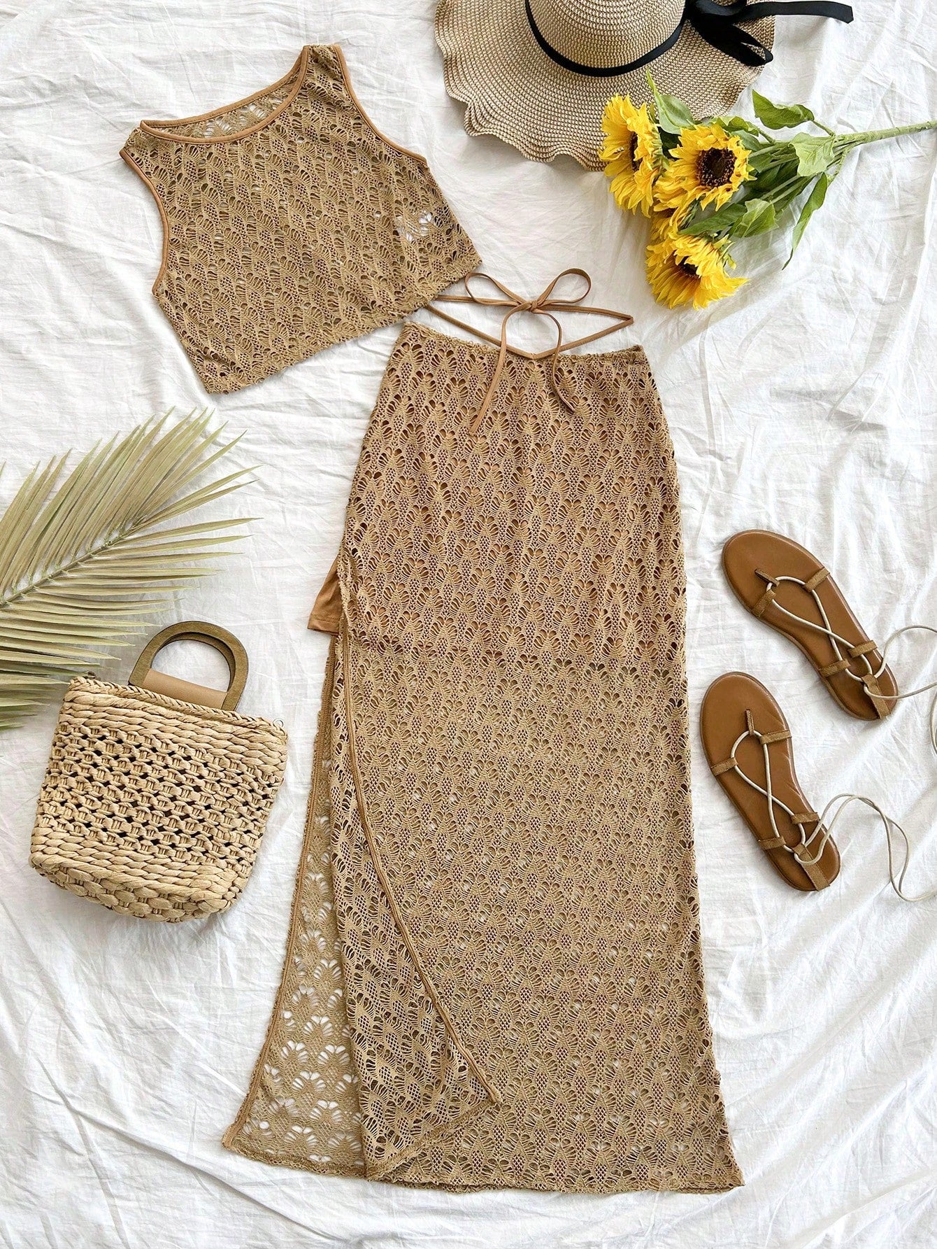 Women's Vacation Crochet Knit Top & Split Hem Skirt Set, Perfect For Music Festival & Bohemian Style, Crochet Outfits Two Piece