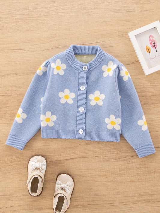 Soft Blue Floral Jacquard Girls' (Toddler) Cardigan With A Fresh And Lovely Design. The Light Blue Tone Is Clean And Gentle, Complementing The Floral Jacquard Pattern To Showcase The Pure And Innocent Elegant Of Little Girls. The Classic And Fashionable C