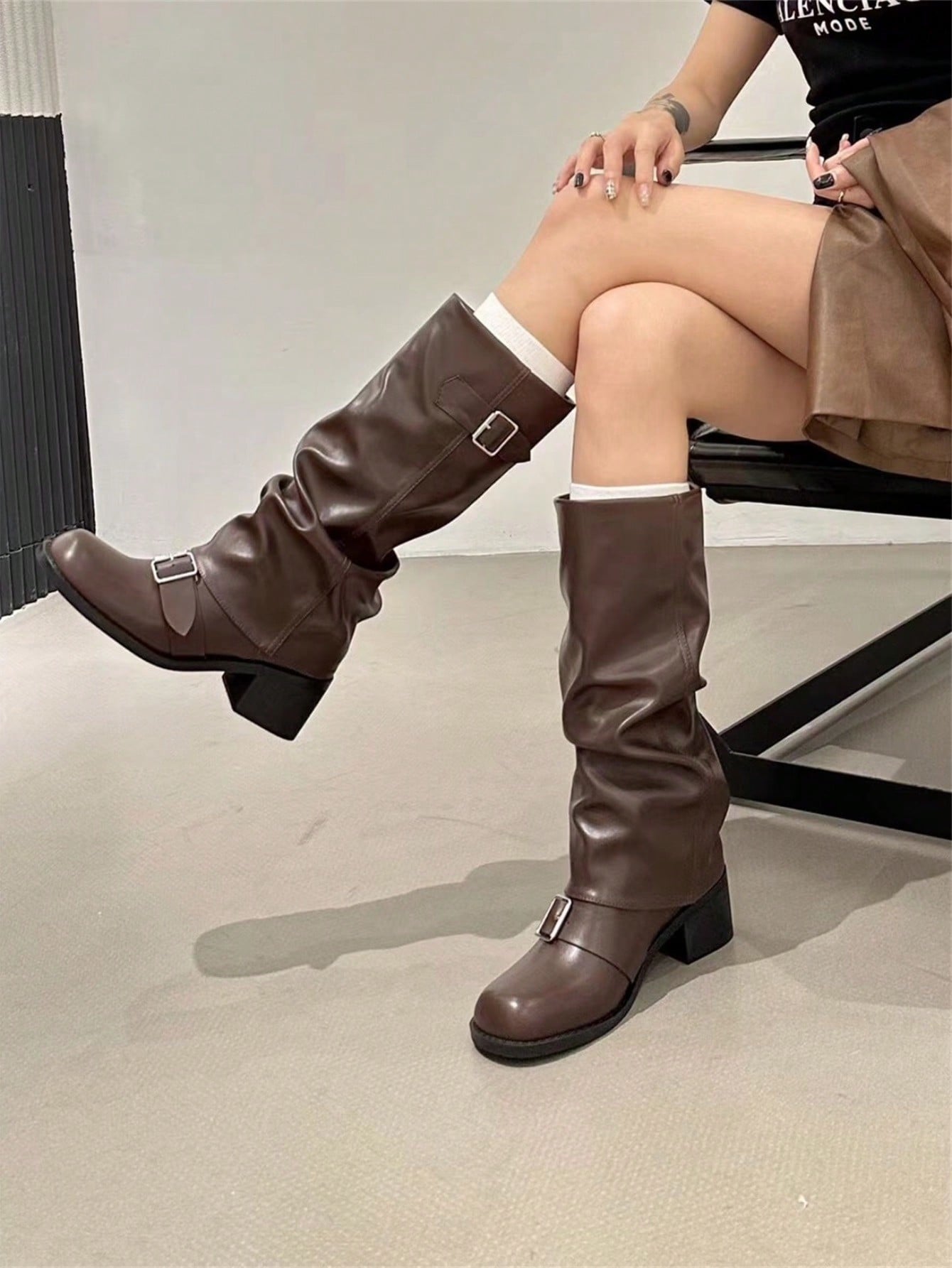 Women's Fashion Brown Leather Low Heel Ruched Casual Long Boots