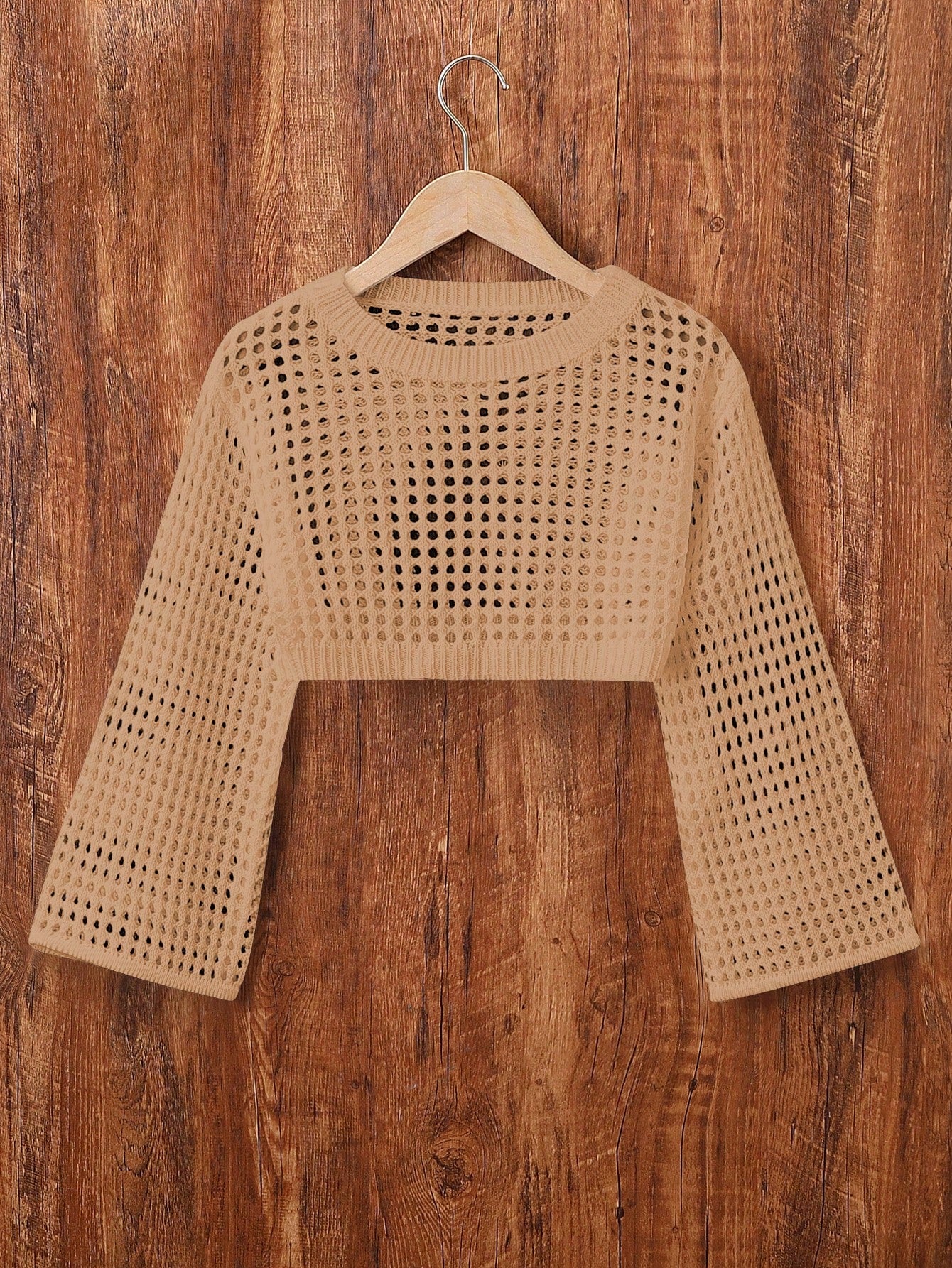 Tween Girl Solid Color Round Neck Long Sleeve Cropped Sweater With Hollow Out Design, Spring/Summer