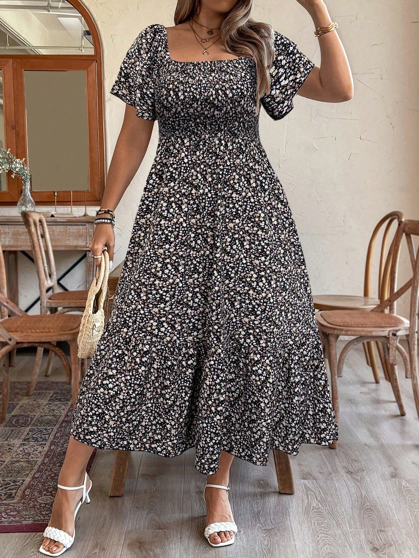 Plus Size Vacation/Leisure Ditsy Floral Print Dress With Cinched Waist