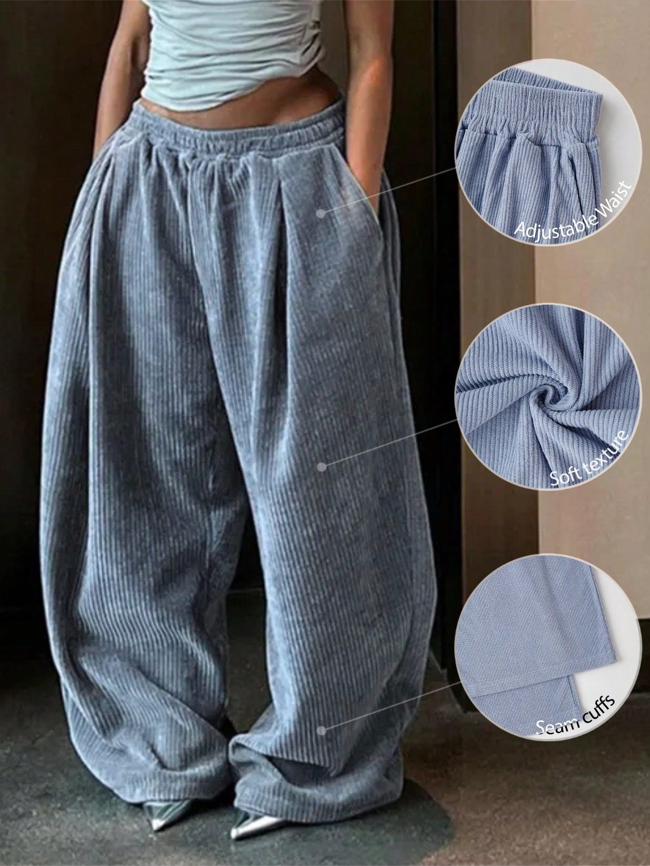 Women's Casual Solid Color Wide Leg Baggy Pants, Loose Pants