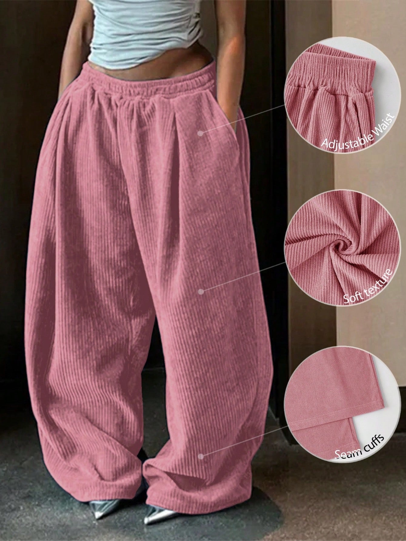 Women's Solid Color Simple Adjustable Waist Casual Baggy Pants