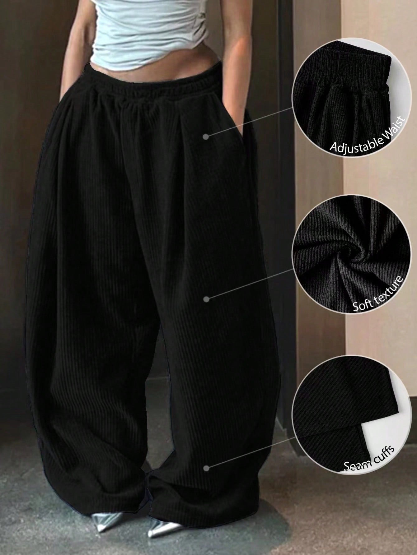 Women's Casual Solid Color Wide Leg Baggy Pants, Loose Pants