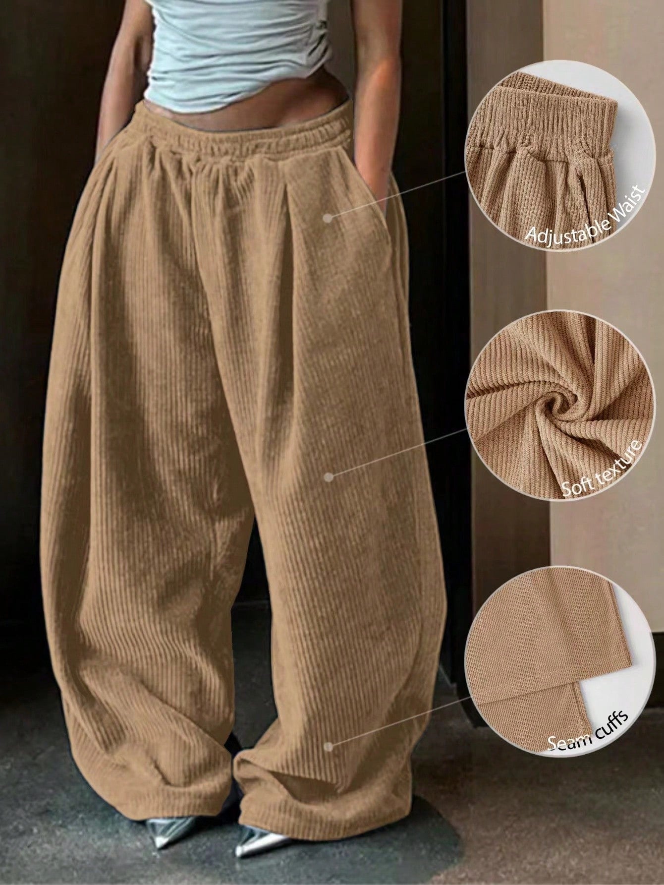 Women's Solid Color Simple Adjustable Waist Casual Baggy Pants