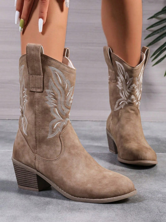 2024 New Vintage Western Boots For Women, Pointed Toe Chunky Heel Short Genuine Leather Boots