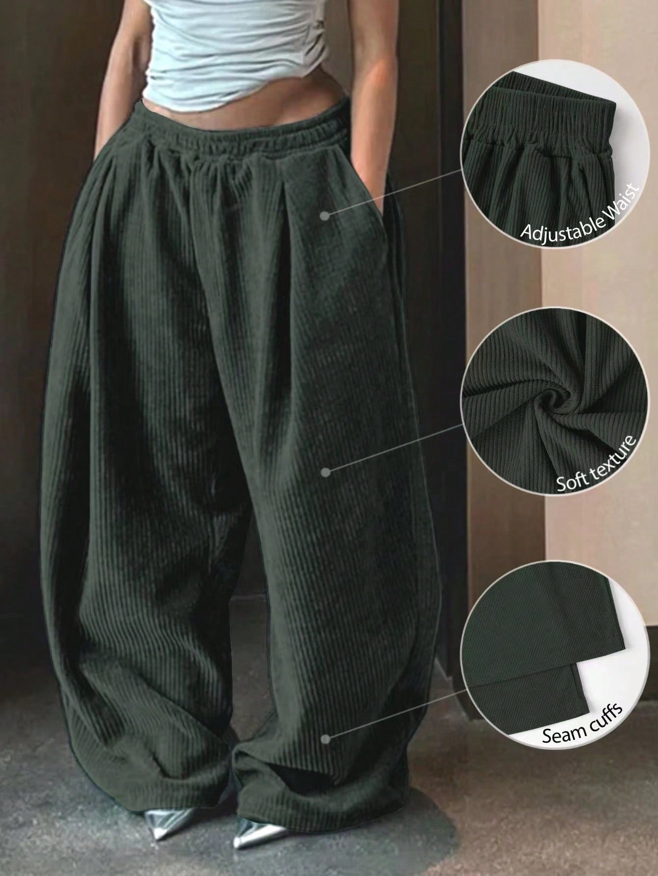 Women's Solid Color Simple Adjustable Waist Casual Baggy Pants