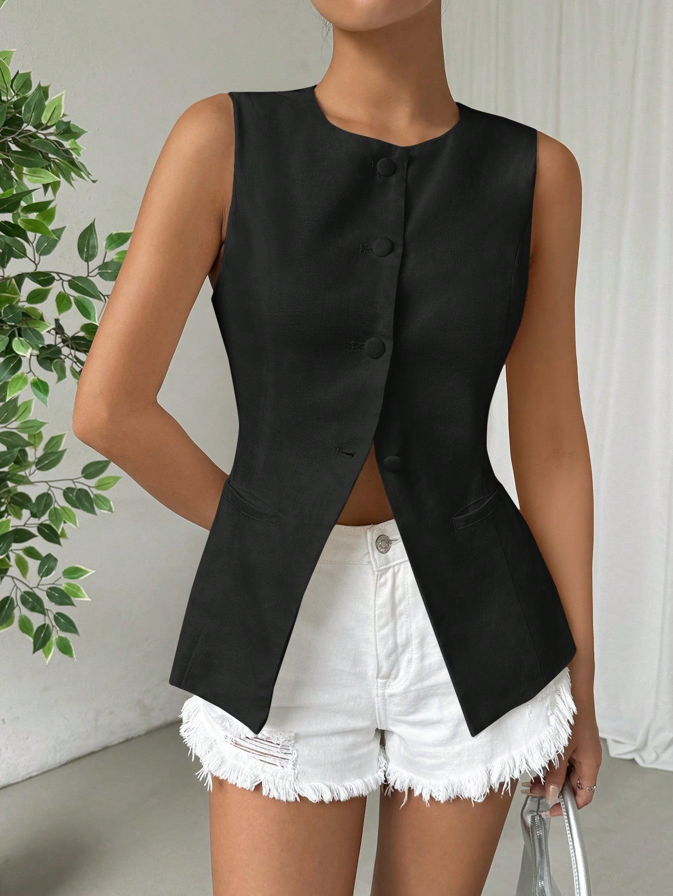 Women's Solid Color Sleeveless Blazer For Daily Wear