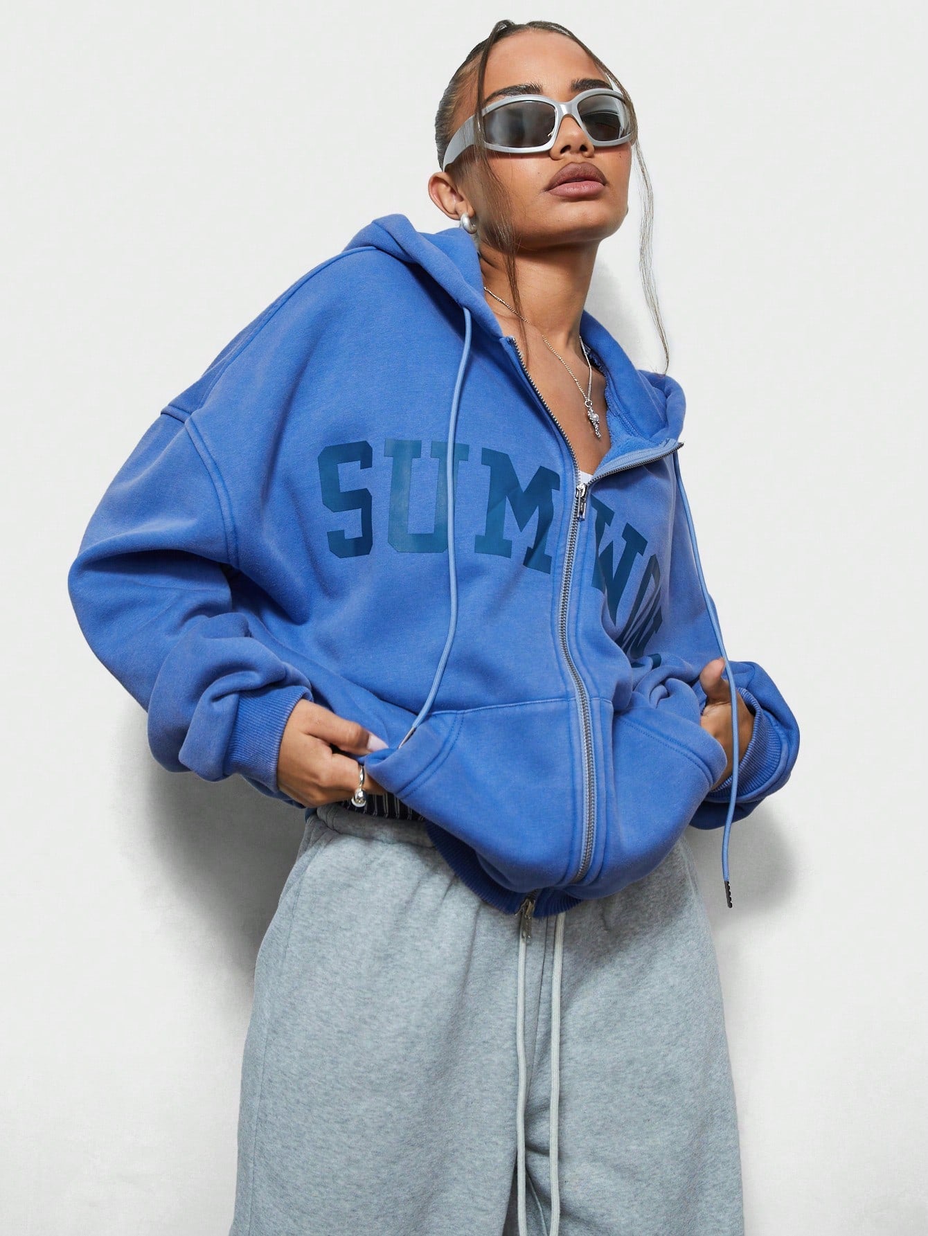 WOMEN Oversized Fit Zip Through Sweatshirt With Front Graphic Print