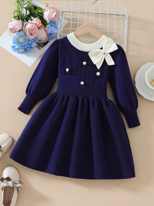 Young Girls Bow Knit Sweater Dress, Casual Commuter Korean Style Fashion Princess Knit Dress Suitable For Daily Wear And Outings