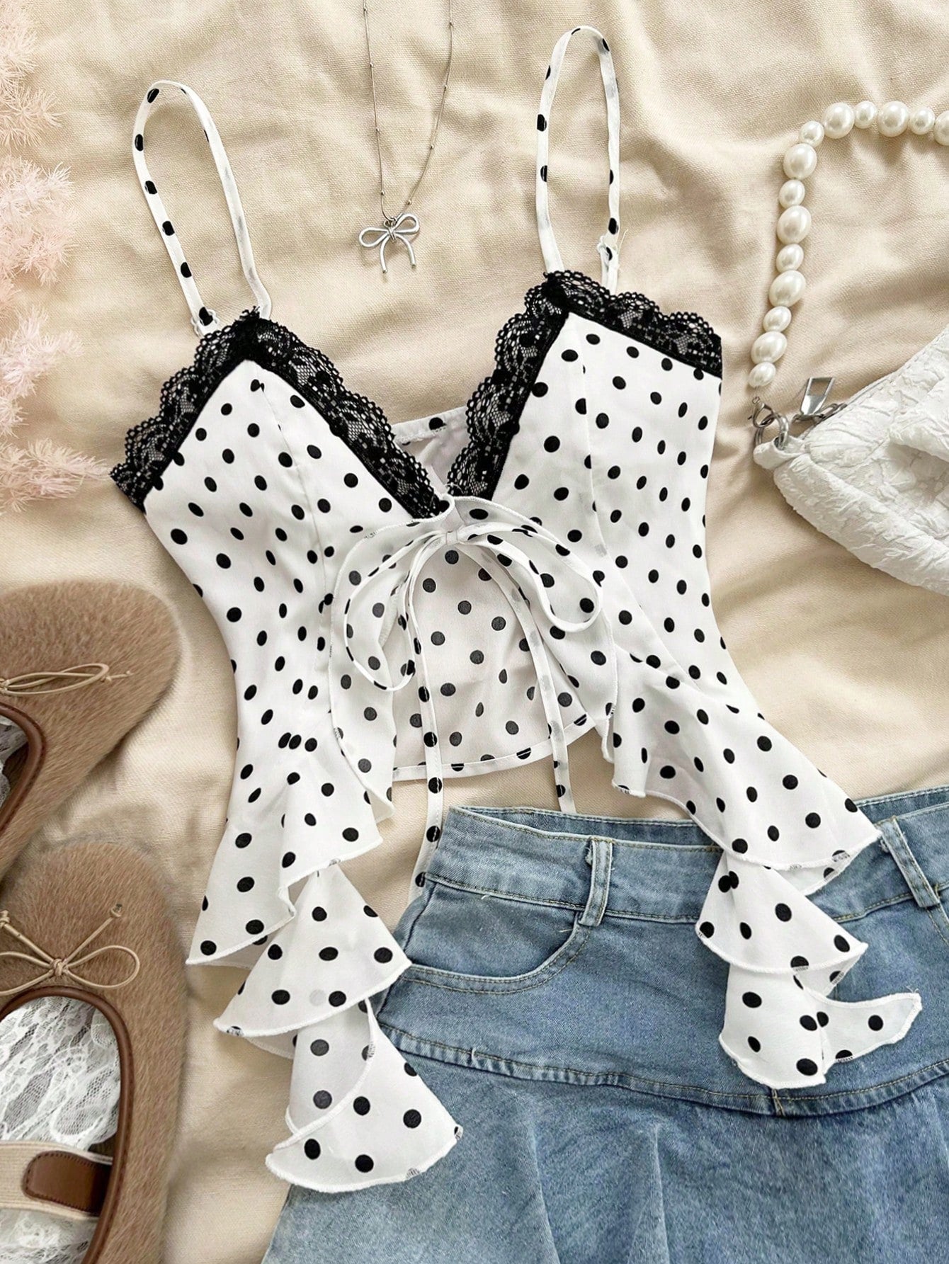 Women's Vacation Style Front Tie Bow Decor Asymmetrical Ruffle Lace Patchwork Black Dot Print Casual Tank Top For Back To School Summer