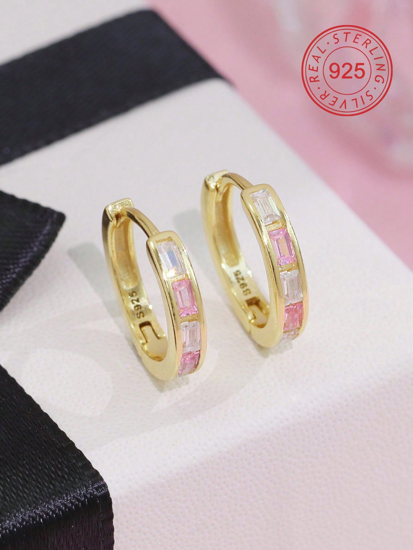 1 Pair 925 Silver Hypoallergenic Square Zirconia Encrusted Pink And White Hoop Earrings, Gift Box With Greeting Card - Gift For Kids, Young Girls, Friends' Birthday