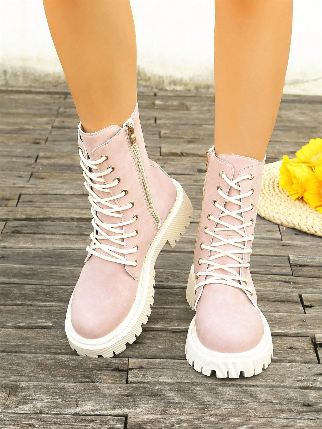 Women's Fashion Boots, Knee-High Boots,  Boots For Fall & Winter, Lace-Up & Side Zipper Beige/White Ankle Boots, Platform Boots For School & Travel