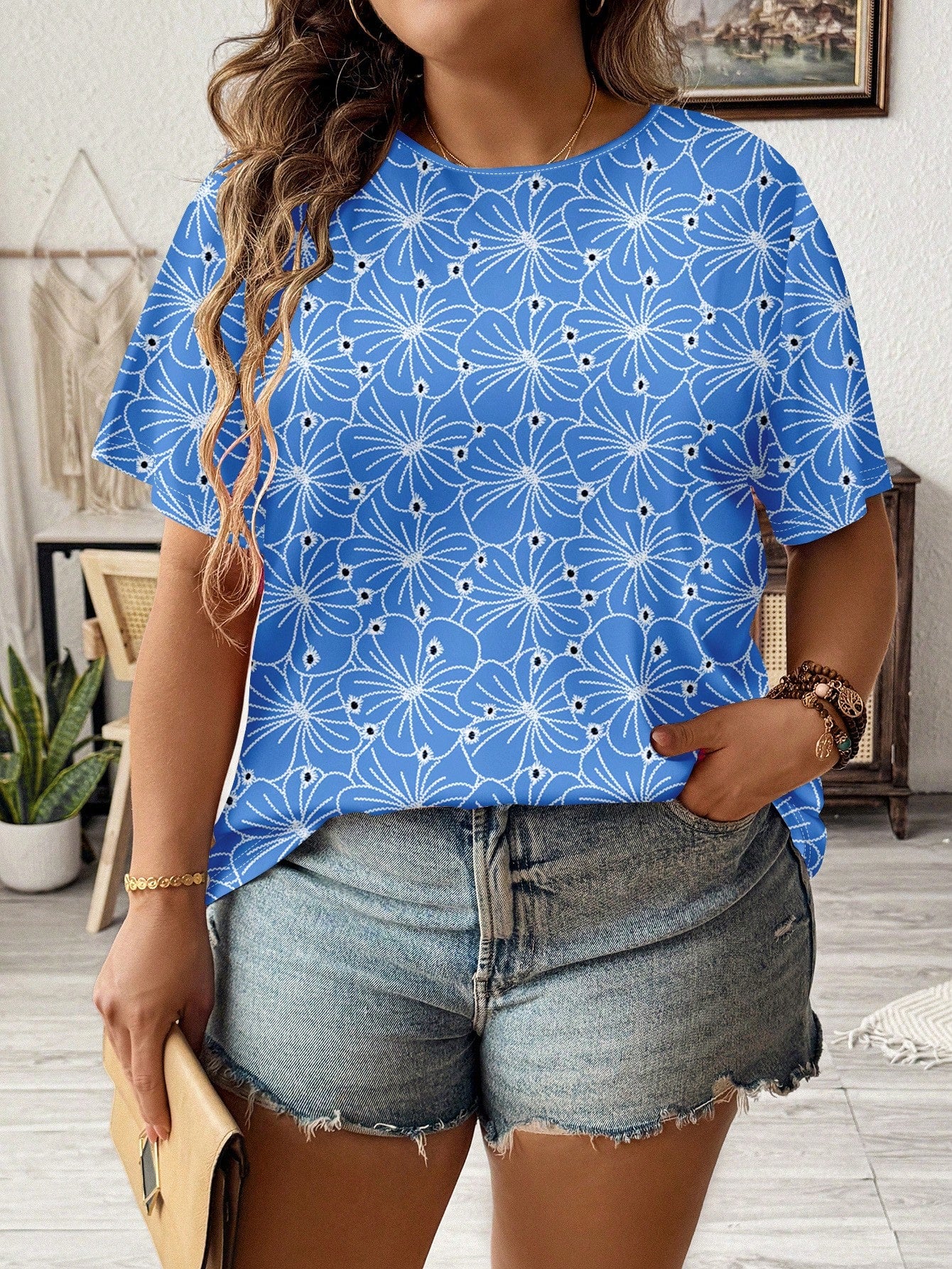 Plus Size Women's Summer Floral Printed Round Neck Short Sleeve Casual T-Shirt