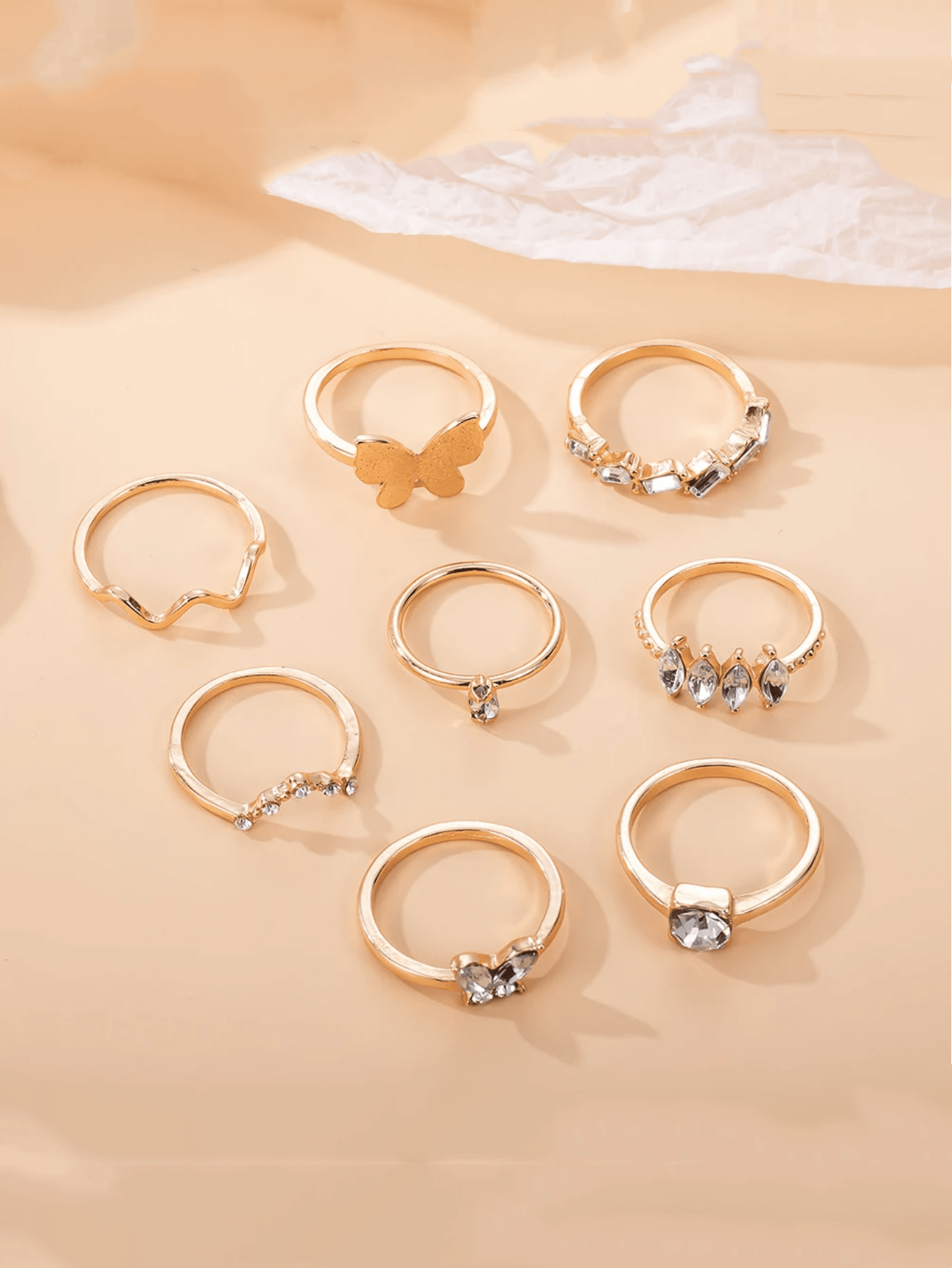 8pcs Sweet INS Style Butterfly Gold Color Ring Set With Heart Shaped Rhinestone Inlay