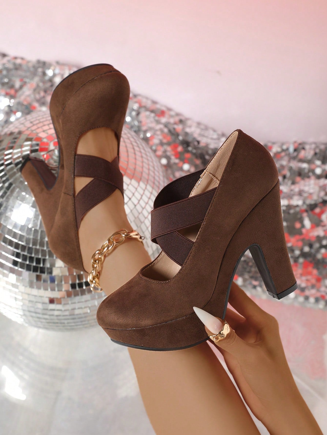 Suede Platform Round Toe High Heels With Thick Heels - Women's Shoes