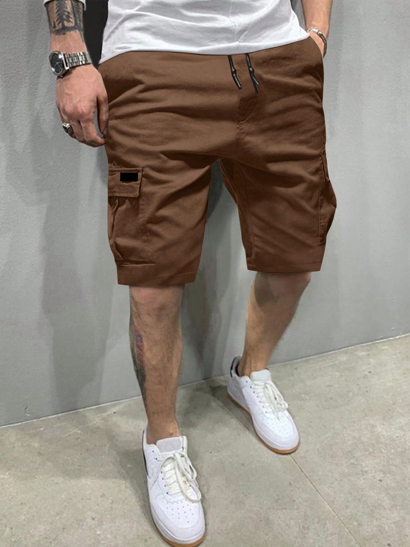 Men Flap Pockets Drawstring Cargo Shorts