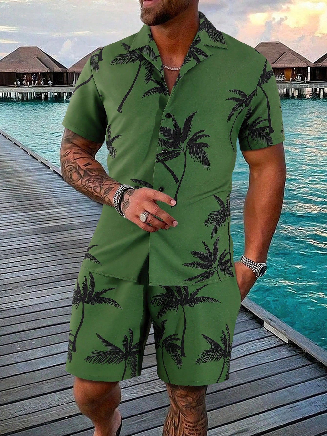 Men Random Palm Tree Print Shirt & Drawstring Waist Shorts Without Tee