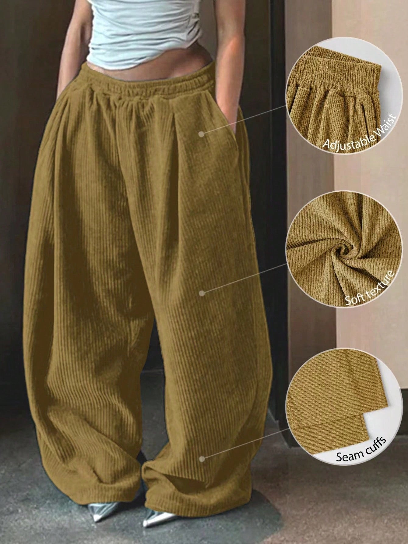 Women's Solid Color Simple Adjustable Waist Casual Baggy Pants